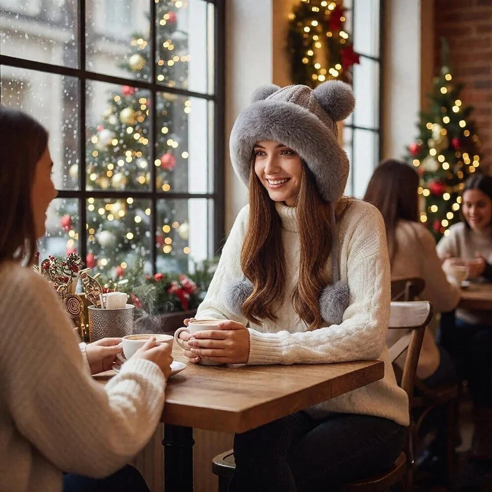 Women Grey Winter Sherpa Beanie Hats Knit Ear Flaps Peruvian Cover Ears